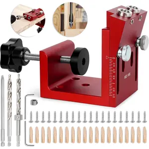 Pocket Hole Jig Kit, Adjustable Aluminum Pocket Hole System, Portable Screw Jig Set Guides Joint Carpentry Locator Woodworking Tools with Wooden Hole Plugs