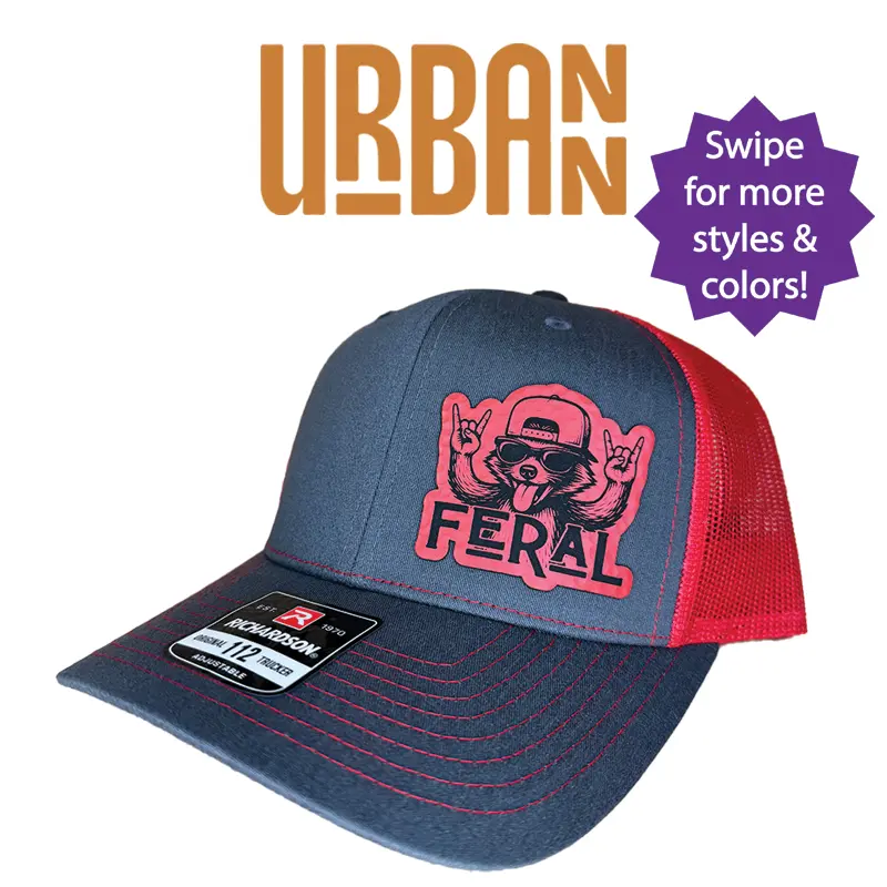 Feral Funny Raccoon Hat - available in Richardson 112 trucker, FlexFit, Flat bill, ponytail, or knit beanie