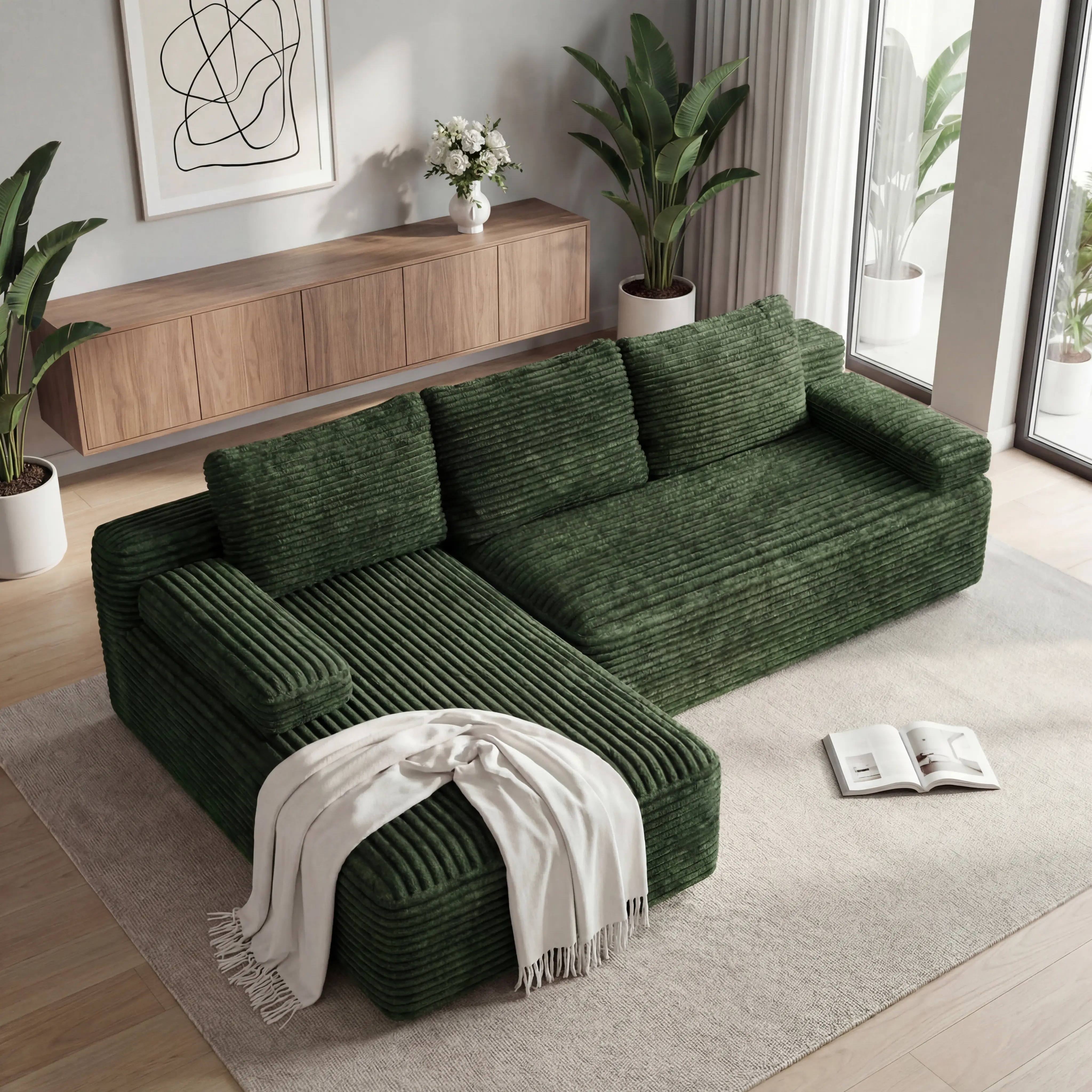Costoffs Left-Seat L-Shaped Comfy Modern Corduroy Sofa (110in, 2 Packages) - Full-Foam Cloud Couch, 5+ Arrangements, Anti-Slip Base, 3 Detachable Pillows, 1400lbs Capacity, Pet-Friendly Pre-Assembled for Apartment Living Room, Comfy Corduroy Sofa, L Shape