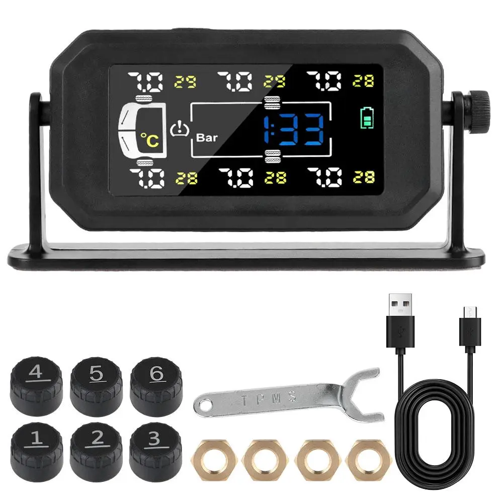 Car Tire Pressure Monitoring System, Solar Powered Car Tire Pressure Monitor with 6 External Sensors, Intelligent Truck Car Tyre Pressure Monitor