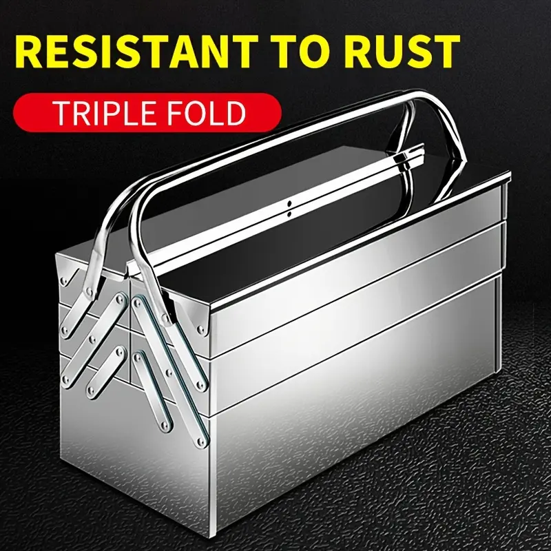 Heavy-Duty Stainless Steel Toolbox - Triple Fold design, Large Capacity Portable Tool Organizer with, No Assembly Needed, Compact Folding case for, Toolbox for Home, Garage, Workshop, Travel - Ideal for Professionals & DIY Projects