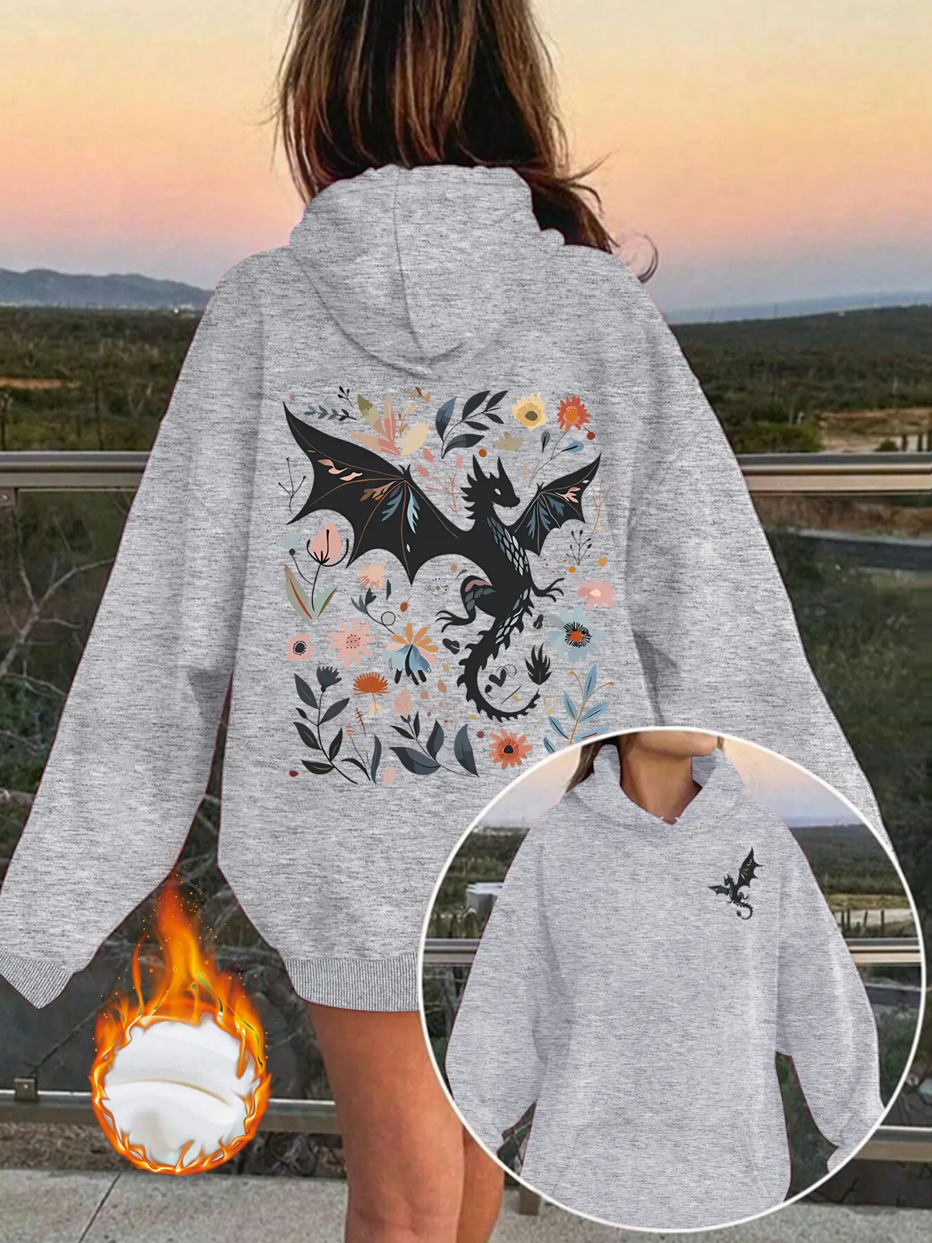 Women's Casual Batwing Floral Print Thick Hoodie with Front Pocket, Comfortable Winter Pullover, Fall & Winter Fashion