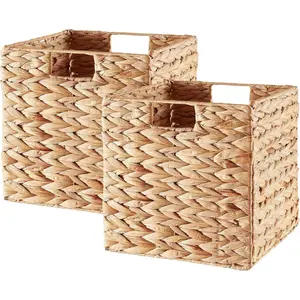 Vagusicc Storage Basket, Set of 2 Hand-woven Water Hyacinth Storage Baskets, Foldable Wicker Storage Basket 13 Inch Cube Storage Bins for Shelves Organizer Square Shelf Baskets, 13''x13''x13''