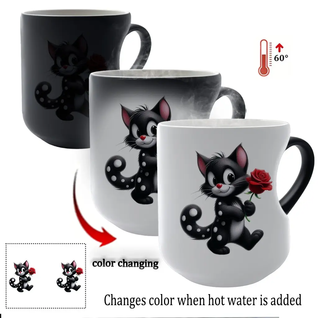 Whimsical Cat with Rose Color-Changing Ceramic Mug, Ceramic Cup, Drinkware Mug, Stylish Coffee Mugs, Unique Animal Lover Gift, 11 Oz Heart-Handle Magic Mug for Christmas