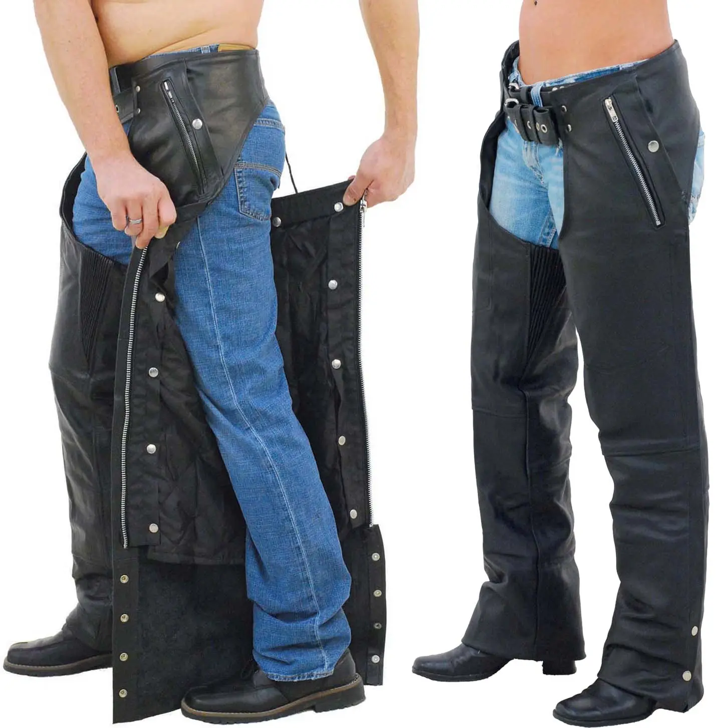 JAMIN LEATHER® Pocket Motorcycle Chaps W/Snap Out Quilted Lining Special #C7130ZSP Heavy Economy Cowhide Leather with 2 Deep & 2 Zip Pockets Comfort Stretch Thigh