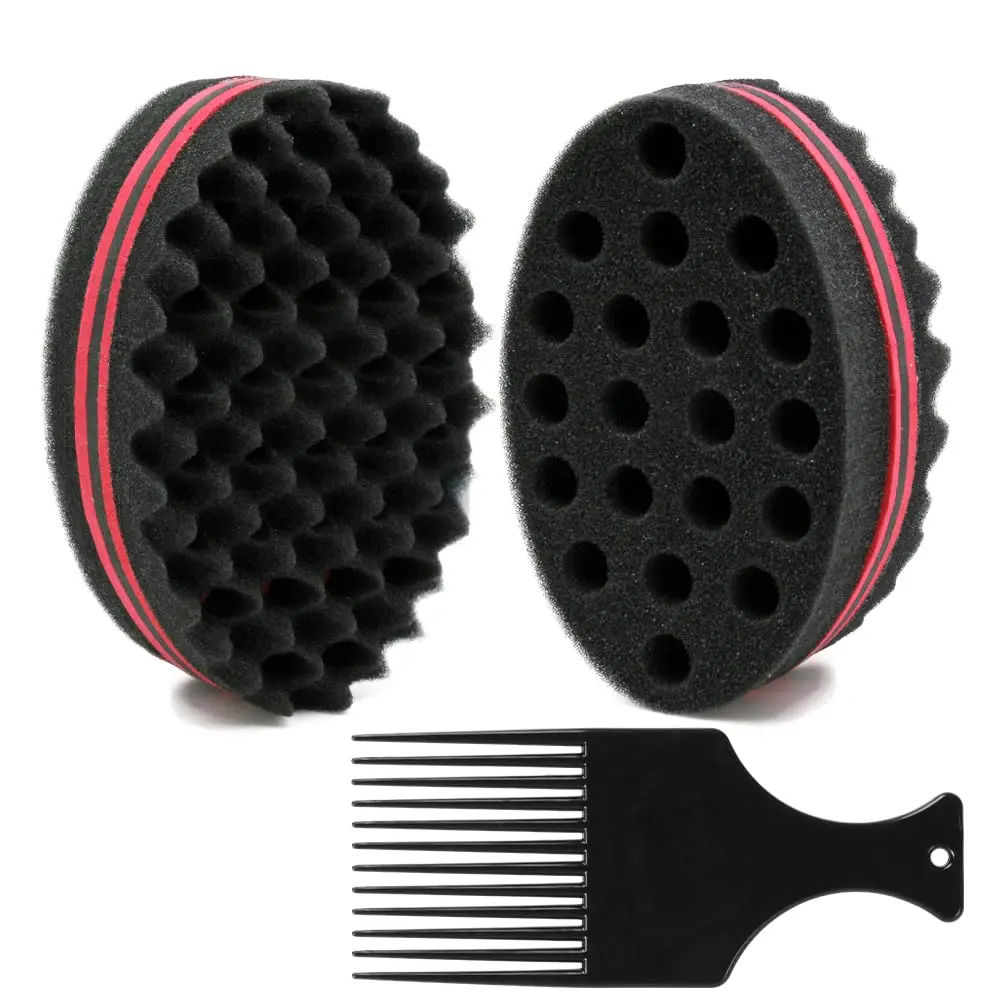 Big Holes Barber Hair Brush Sponge Dreads Locking Twist Afro Curl Coil Wave Hair Care Tool, 2 Pcs with 1 Pc Hair Pick