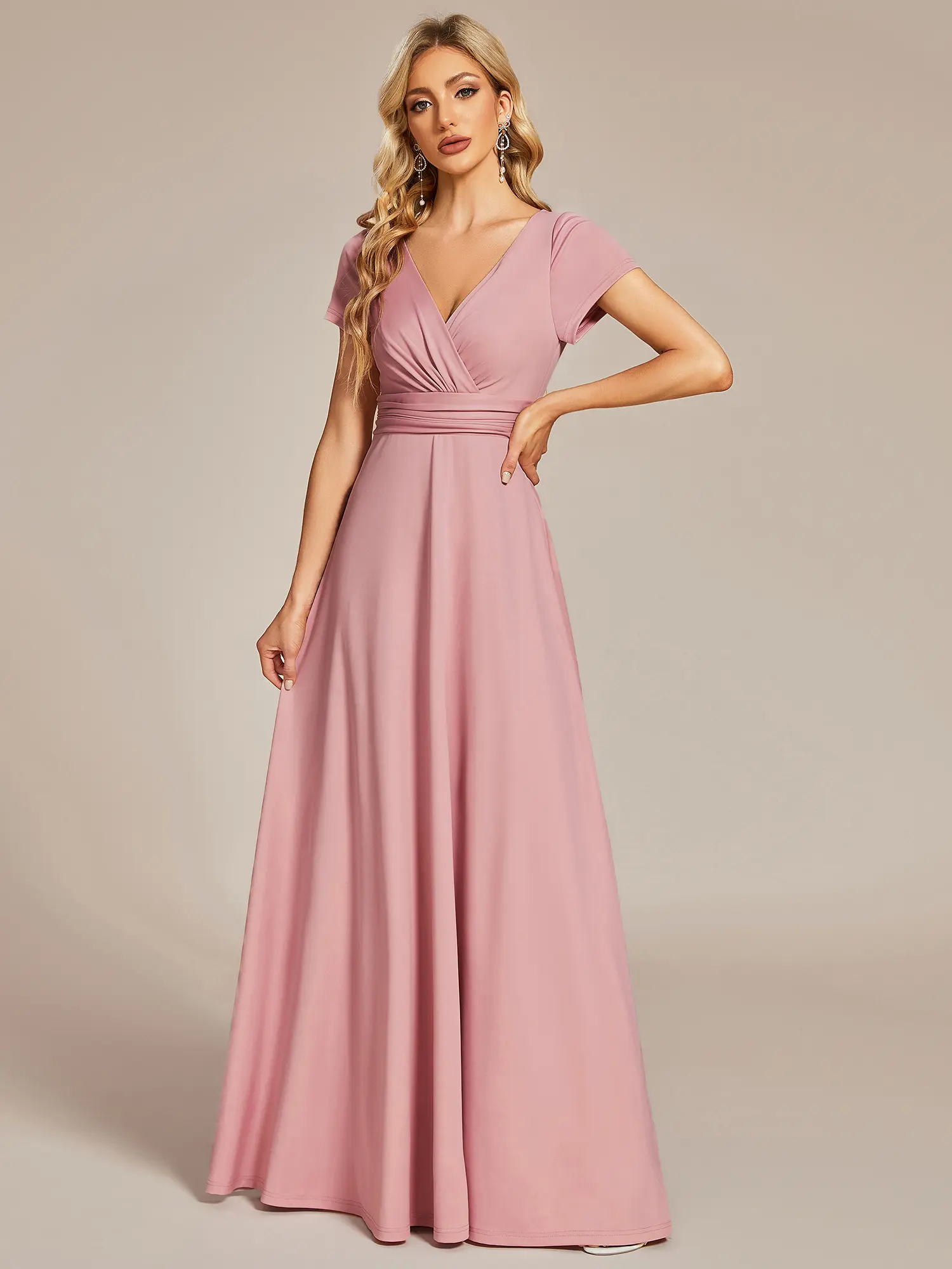 EVER PRETTY Women's Chic Bridesmaid Dress, Minimalist A-Line Polyester Fabric Gown with Short Sleeves and Pleated Empire Waist, Zipper, Style, Basic