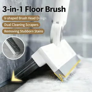 3-in-1 Durable Floor Scrub Brush with Long Handle - Stiff-Bristle Heavy-Duty Scrubber with Scraping Function for Bathroom, Patio Cleaning
