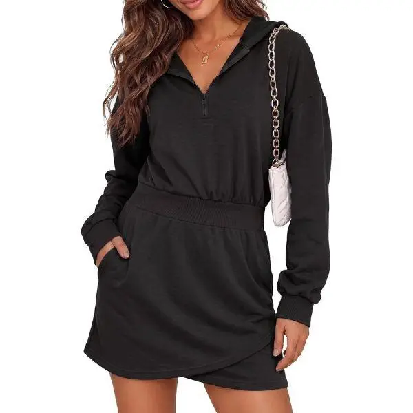 Fisoew Women's Knit Oversized Quarter-Zip Hooded Sweatshirt Dress - Ribbed, Elastic Cinched Waist, Wrap Cross Hem, Long Sleeve, Slim, Gym Athletic Wear, Sporty Chic, Side Pockets, Lightweight, Zipper Design for Women's Clothes