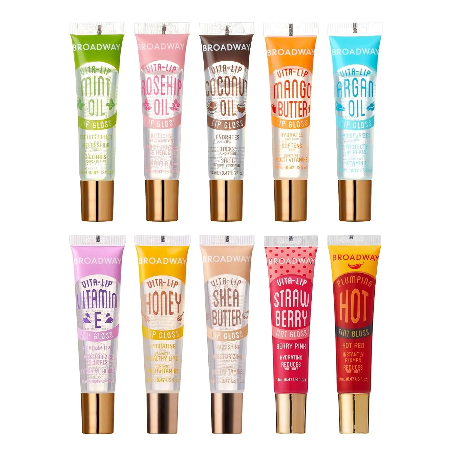 Ruby Kisses Broadway Vita-Lip Tinted & Clear Lip Gloss Ultra-Hydrating & Soothing Formula, High-Shine Non-Sticky Lip Balm with Mint, Rosehip, Coconut, Mango, Argan, Vitamin E, Honey, Shea (10 Pack)