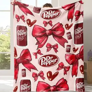 Dr Pepper Themed Flannel Blanket Soft Warm Throw Blanket with Classic Logo Red Bows and Hearts Pattern for Bedroom Living Room Sofa Couch All Seasons Cozy Blanket for Dr Pepper Fans and Collectors