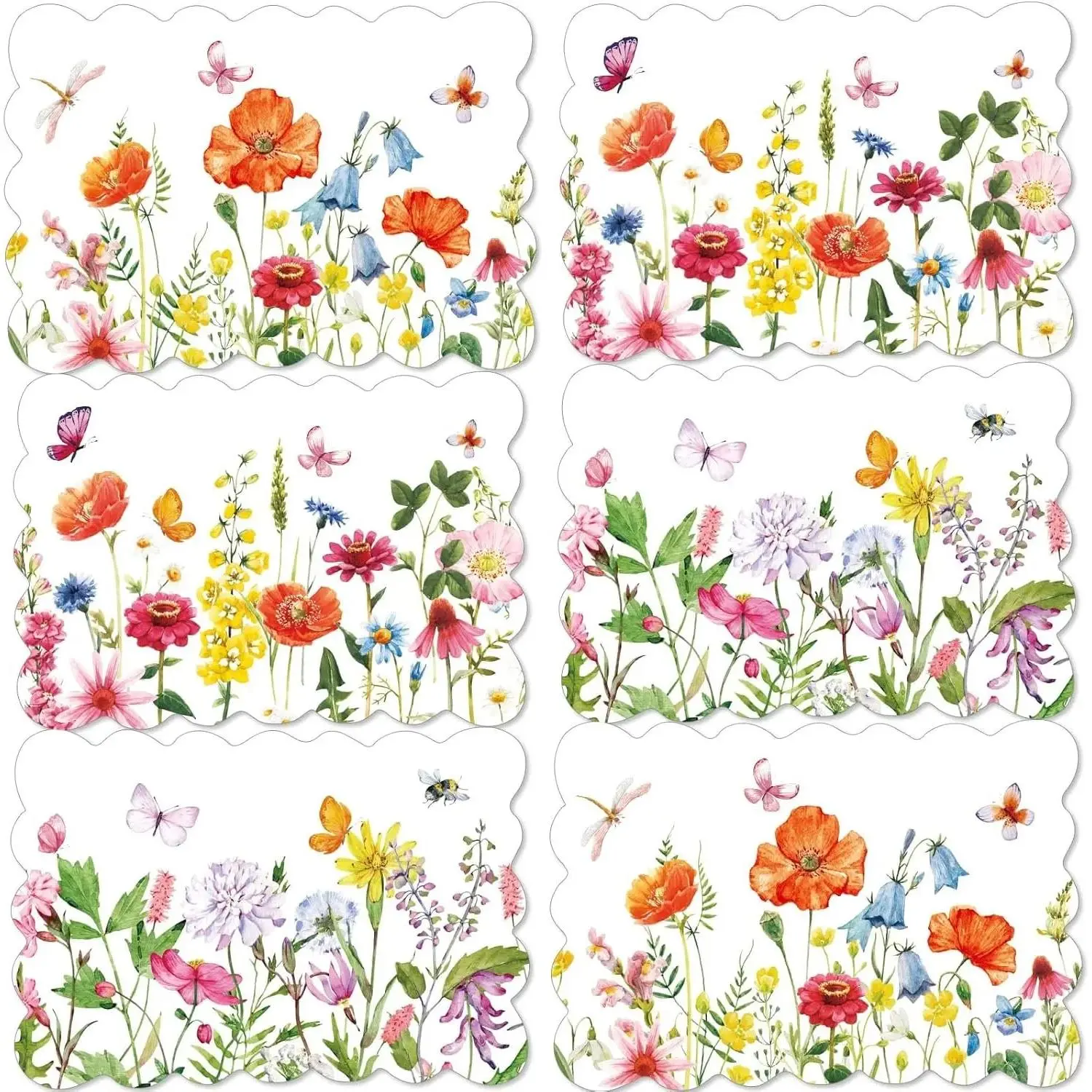 Plastic Placemats Set of 6, Watercolor Flower Tableware - Heat Resistant, Odorless Vinyl Placemats for Spring Parties, Picnics, Indoor Outdoor Dining Party Decoration (Easily Wipes Clean)