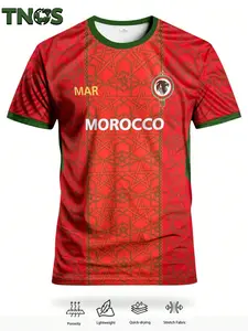 Men's Morocco National Team Football Jersey, Geometric Pattern Soccer Shirt, Quick-Dry Breathable Sports Fan Top, Casual Fitted Short Sleeve