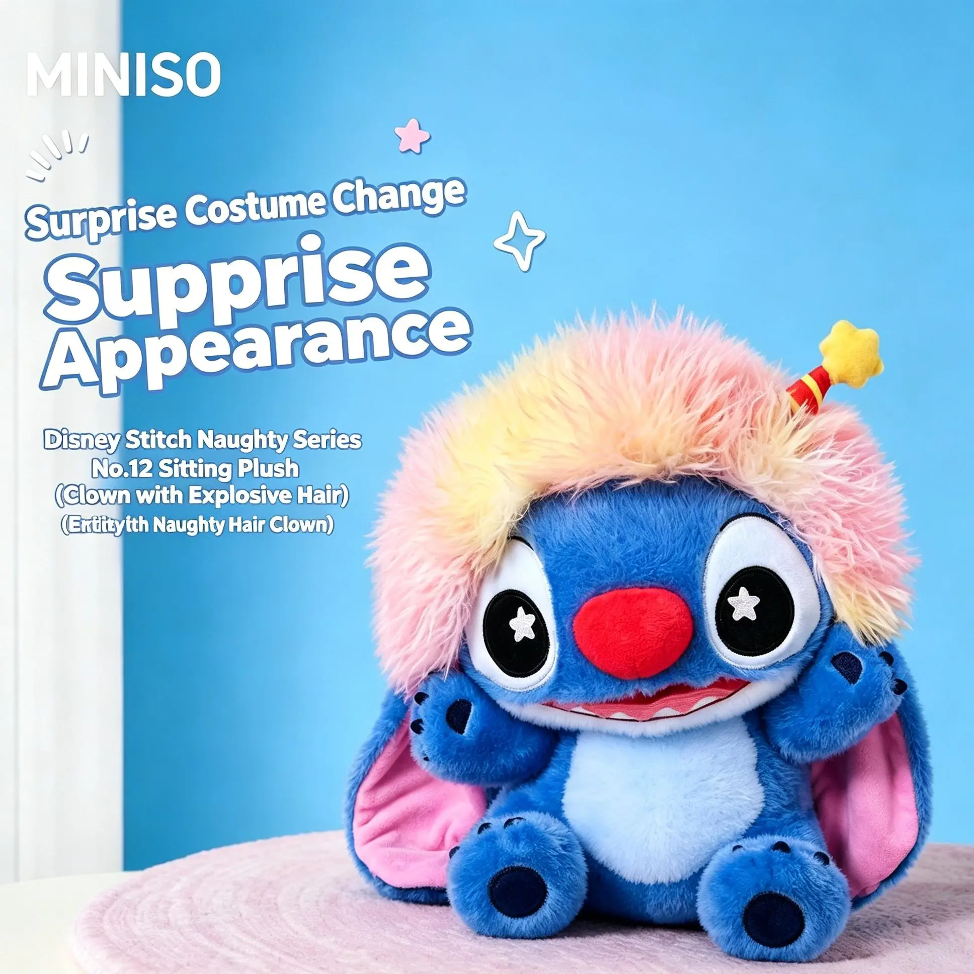 Disney Stitch Clown Plush Keychain Set - Unisex Jester Sitting Pose Stuffed Toy Keychain Accessories, Soft Cartoon Collectibles, Attach to Bag or Backpack, Ideal Fan Gift, Kids' Birthday Present, Cute