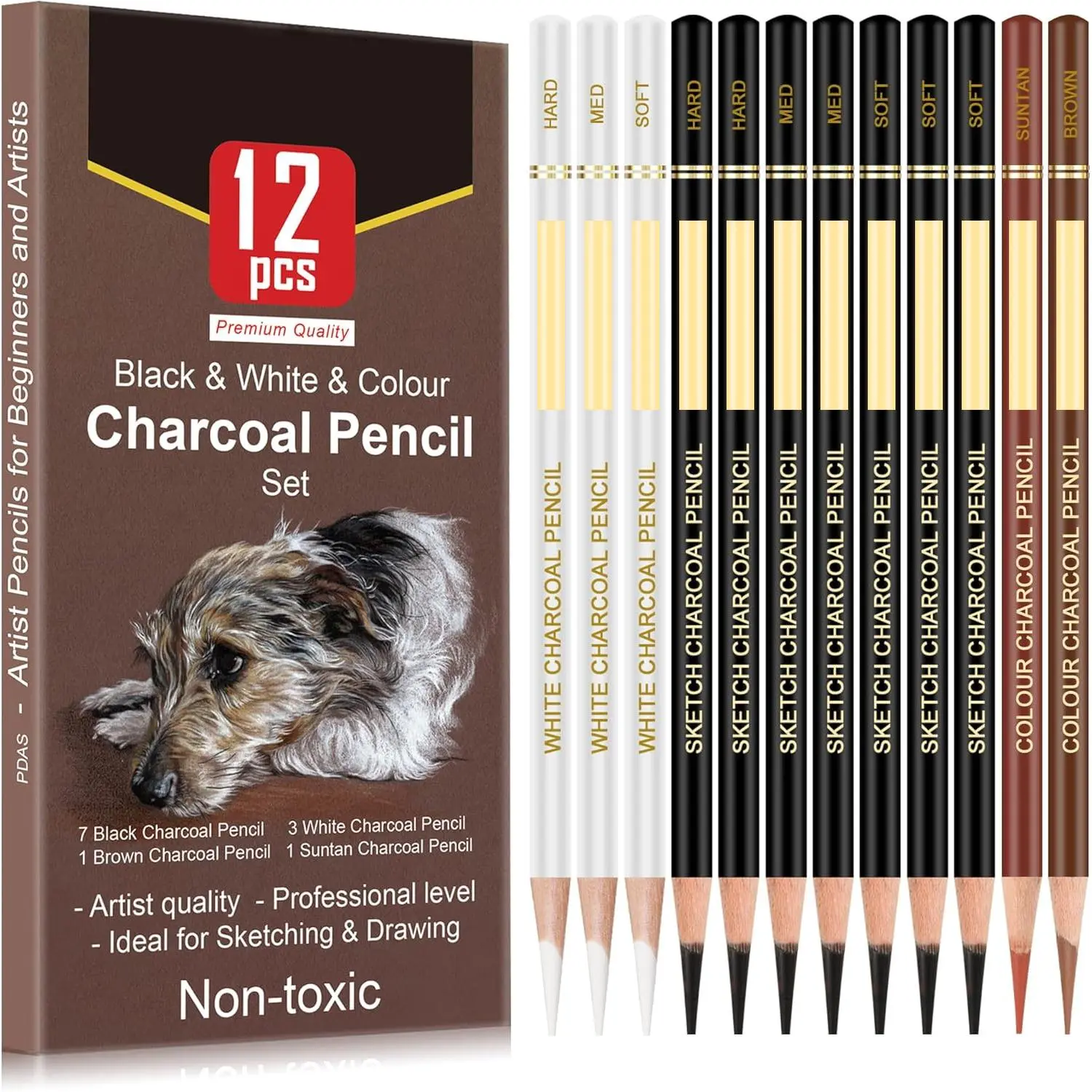 Charcoal Pencil Set, 12pcs/set Drawing Sketching Pencil, Professional Artist Supplies for Students Home School Office Art Materials, Drawing Pencils Set