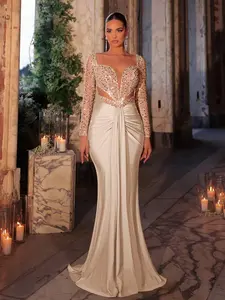 Champagne Sequin Mermaid Gown Long Women's Evening Dress Flattering Silhouette for Banquets Parties Annual Galas Formal Womenswear Long Sleeve