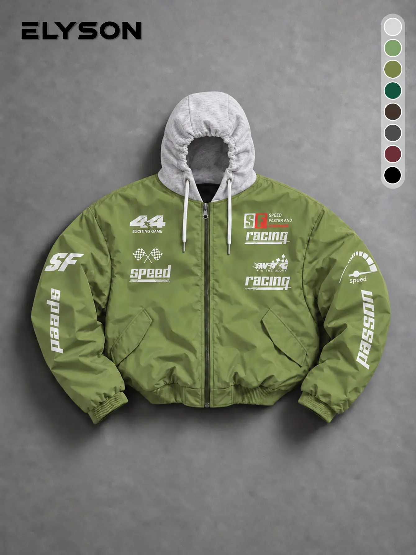 Men’s American racing-style printed hooded cropped jacket, men’s army green color-blocked cap-front loose motorcycle jacket, men’s racing-print hooded baseball jacket
