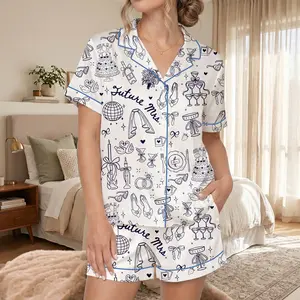 Future Mrs Wedding Satin Pajamas, Future Mrs Bride To Be Gift In My Engaged Era Short Pajamas, Chapel Wedding Timeline Anniversary Wifey PJS Set, Hand Drawn Nightwear Gifts For Her