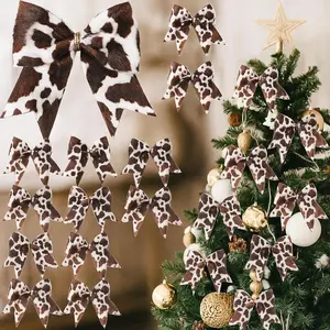 12 count Christmas Cowhide Bows Tree Ornament Faux  Large 6 Inch Western Cow Tree Toppers Christmas Wreaths Bows  Country Farmhouse Rustic Holiday Craft Xmas Ribbon for Xmas Decor