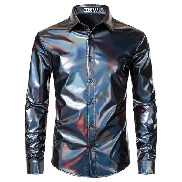 ZEROYAA Men's Shiny Metallic Shirt, Slim Fit 70s Disco Style Long Sleeve Button Down for Party, Club, and Casual Menswear, Clothes, Elegant, Polyester: Light And Sleek, Button Detail Men's Casual Shirts, Statement Button Men's Casual Shirts