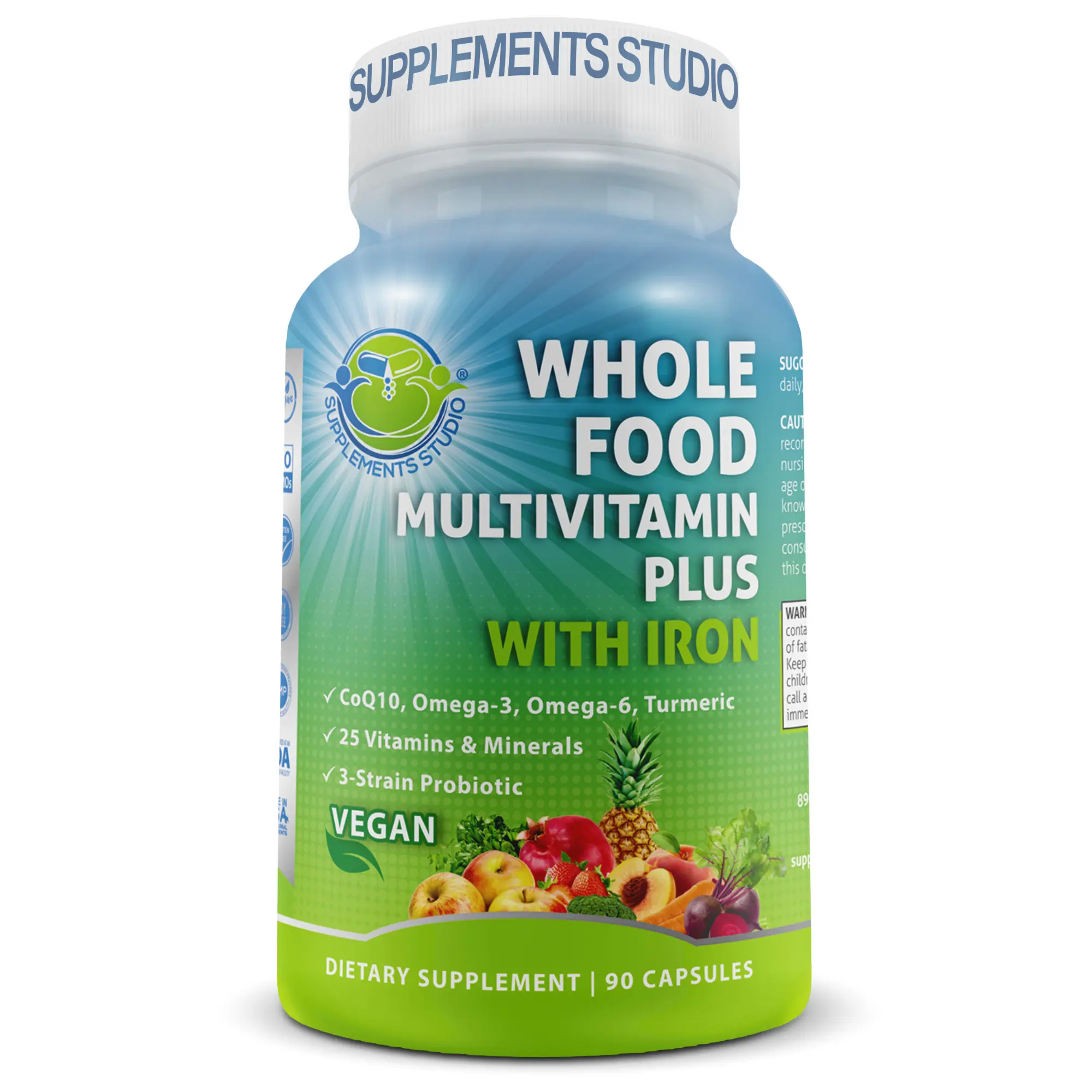 SUPPLEMENTS STUDIO Whole Food Multivitamin with Iron for Women & Men - Vegan Multivitamin with Methylated B Vitamins, Probiotics, Made with Fruits & Vegetables - Supports Energy & Gut Health - Easy to Swallow