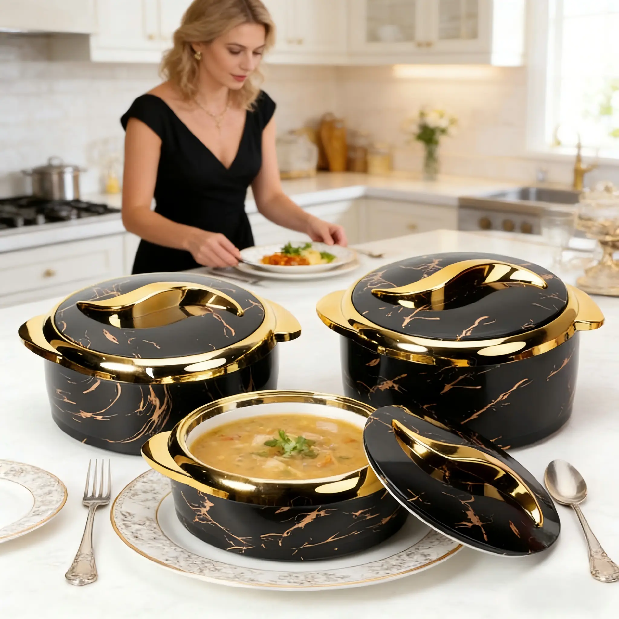 3-Piece Multi-Size Round Stainless Steel Insulated Casserole Dish Bakeware Set with Sealed Lids, for Hot & Cold Food, Ideal for Home Use & Parties, Sturdy Kitchen Essential summerwins,