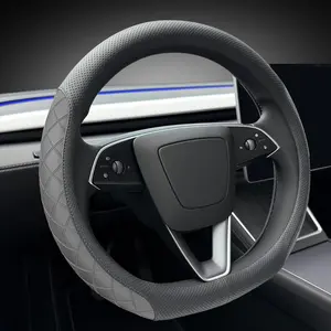 Leather Steering Wheel Cover.Elegant Diamond Checkered Design, Non-Slip and Breathable, for Tesla Model 3/Y Steering Wheel Protector,Black