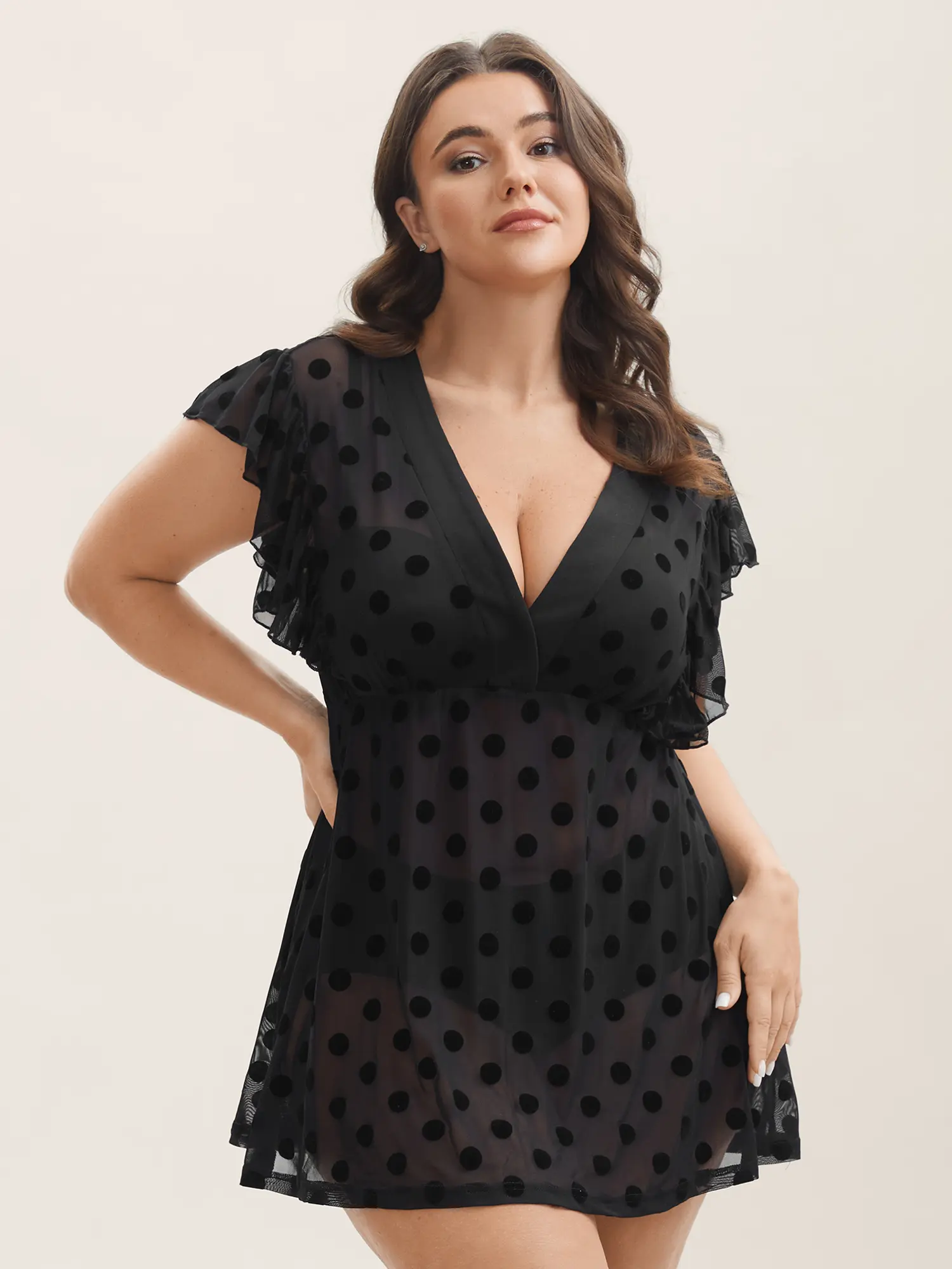 BLOOMCHIC Women's Comfy Polka Dot Mesh Ruffle Cap Sleeve V-Neck Spandex Blend Nightwear Sleep Dress - Regular Fit, Plus Sizes, Breathable Summer Loungewear, Fabric, Everyday, Simple