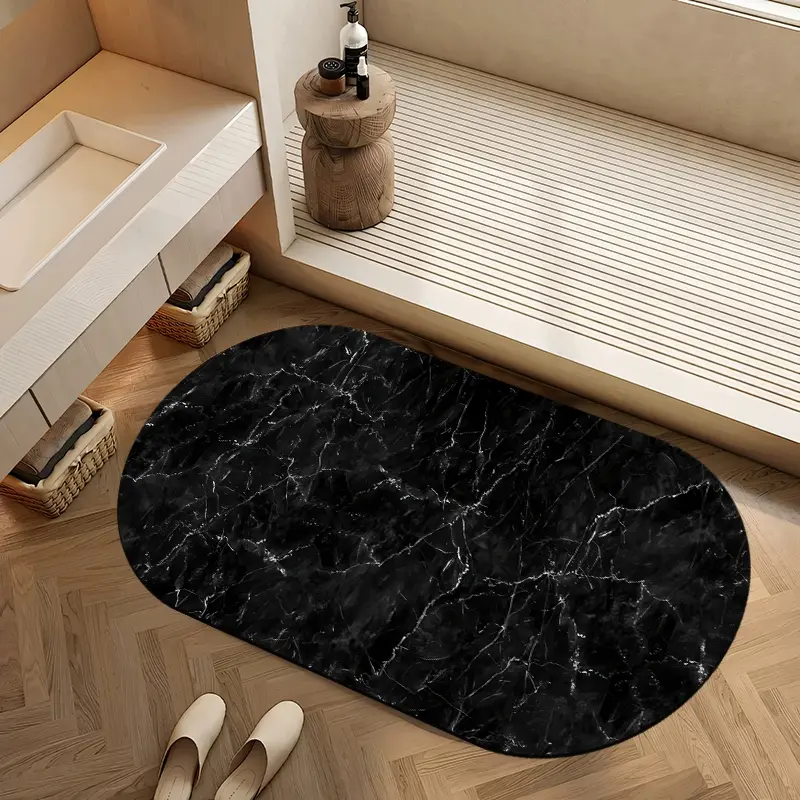 Large Black and White Marble Pattern Absorbent Diatomaceous Earth Oval Bath Mat Non Slip Rubber Backed Fast Dry Shower Mat Thin Bathroom Rugs Floor Mat