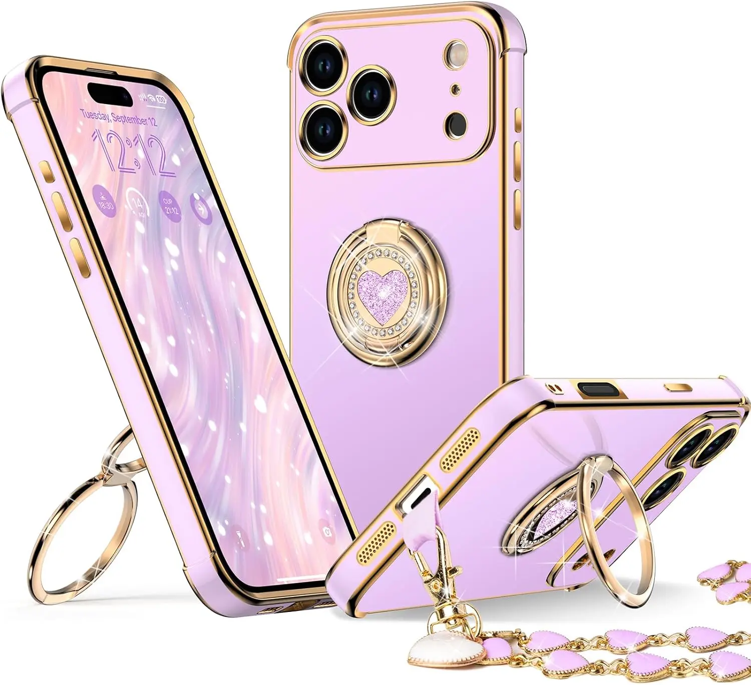 XYZ Women's Shiny Luxury Smartphone Casing - Shockproof Protection Accessory with Adjustable 2 Double Rings, Stand, Heart Pattern, Landscape Compatibility, for Samsung & Apple Devices, Ideal for Handheld Use, Anniversary Gifting