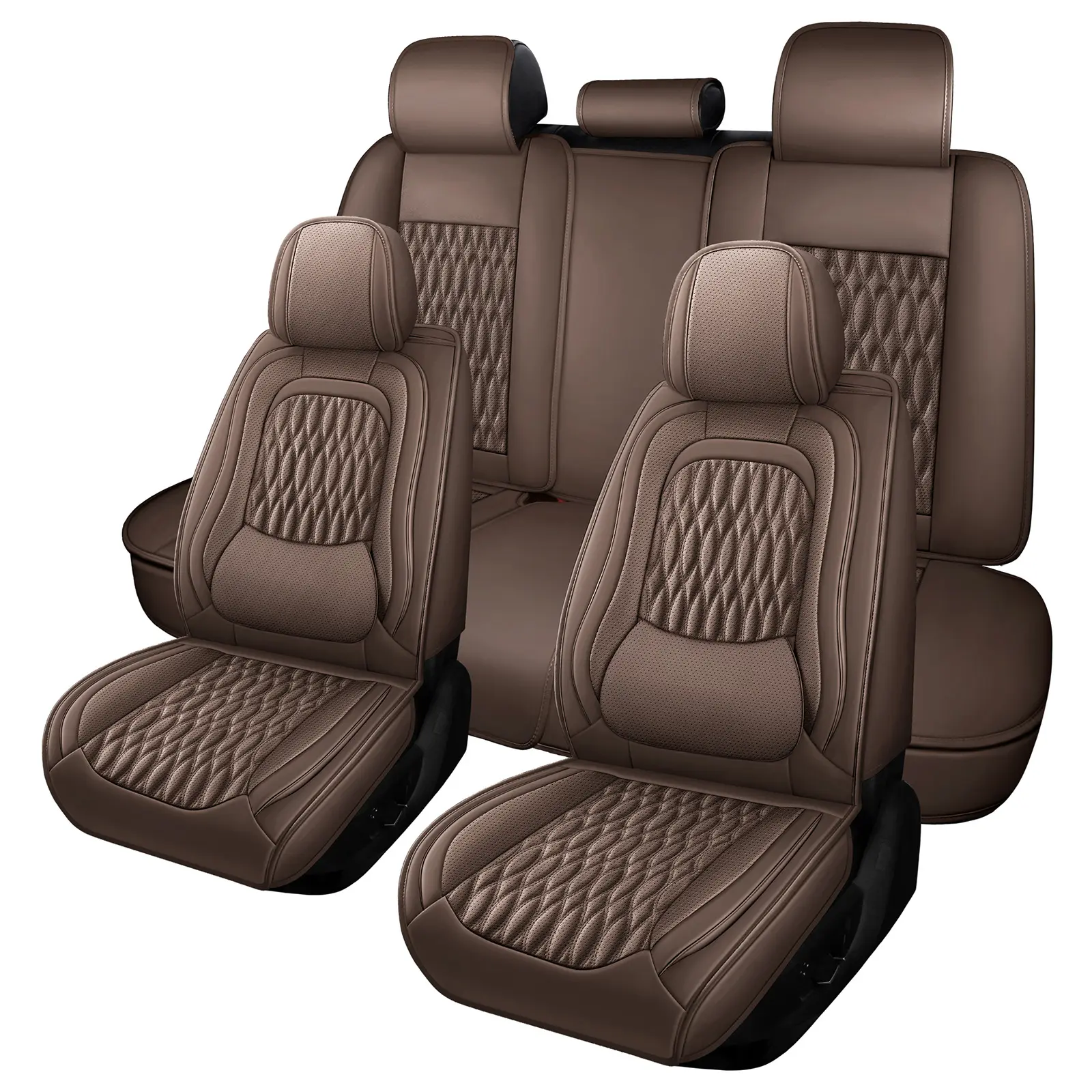 OTOEZ Universal Nappa Leather Car Seat Covers Full Set 5 Seats with Lumbar Support Waterproof Non-Slip Storage Pockets Pet Friendly Stain Resistant Interior