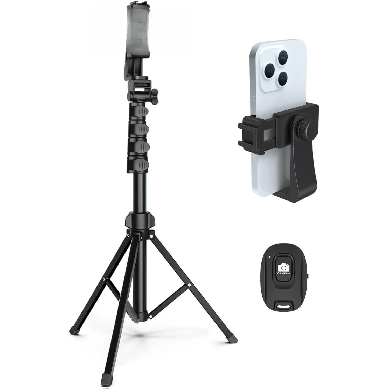 64” Tripod for Cell Phone & Camera, Phone Tripod with Remote and Phone Holder, Sturdy & Stable Height Adjustable Multi-Angle Shot Selfie Stick Tripod for Video Recording
