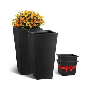 VEVOR Set of 2 Tall Outdoor Planters 22inch, TikTokShopBlackFriday, Large Planters For Outdoor Indoor Plants, Black Tapered Square Front Porch Planters Flower Tree Plant Pots with Modern Design and Built-in Drainage
