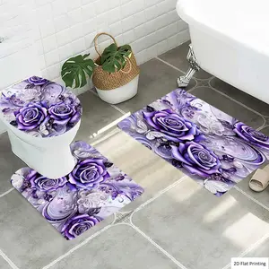 Rose Bathroom Mat Set with Butterfly and Pearl Design, Flannel Non-Slip Bath Rug, U-Shaped Toilet Pad, Soft Absorbent Memory Foam