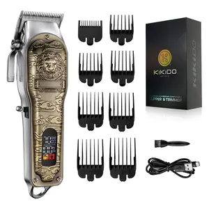 Kikido Strong Power Lion Engraved Hair Clipper for Men & Barbers, Cordless Professional Trimmer Kit with Intelligent LCD Display & 8 Combs