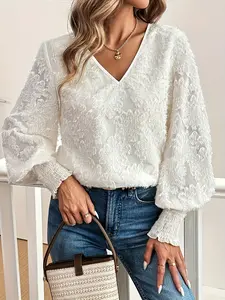 A three-dimensional flocked lace pattern women's V-neck lantern sleeve embroidered casual white hidden meat thin women's shirt Blouse