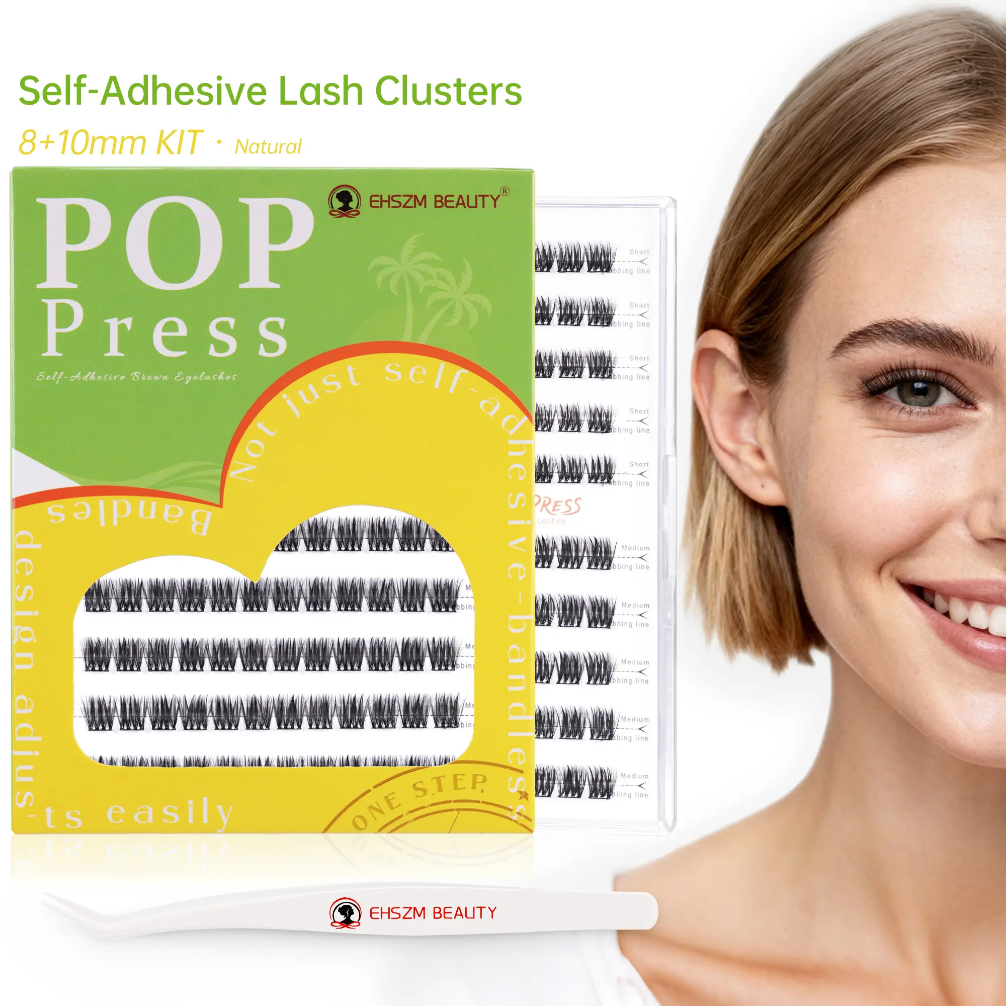 EHSZM BEAUTY POP PRESS Petit 2-in-1 Self-Adhesive 1-Minute Lash Clusters Kit - Makeup Accessory, Oil-Resistant, Lightweight Cream Pre-Glued Press-On, No Glue Needed, Includes Tweezers, All-Day Stay, Ideal for Daily Runs, Eyelashes, Lash Cluster Kit, Kit P