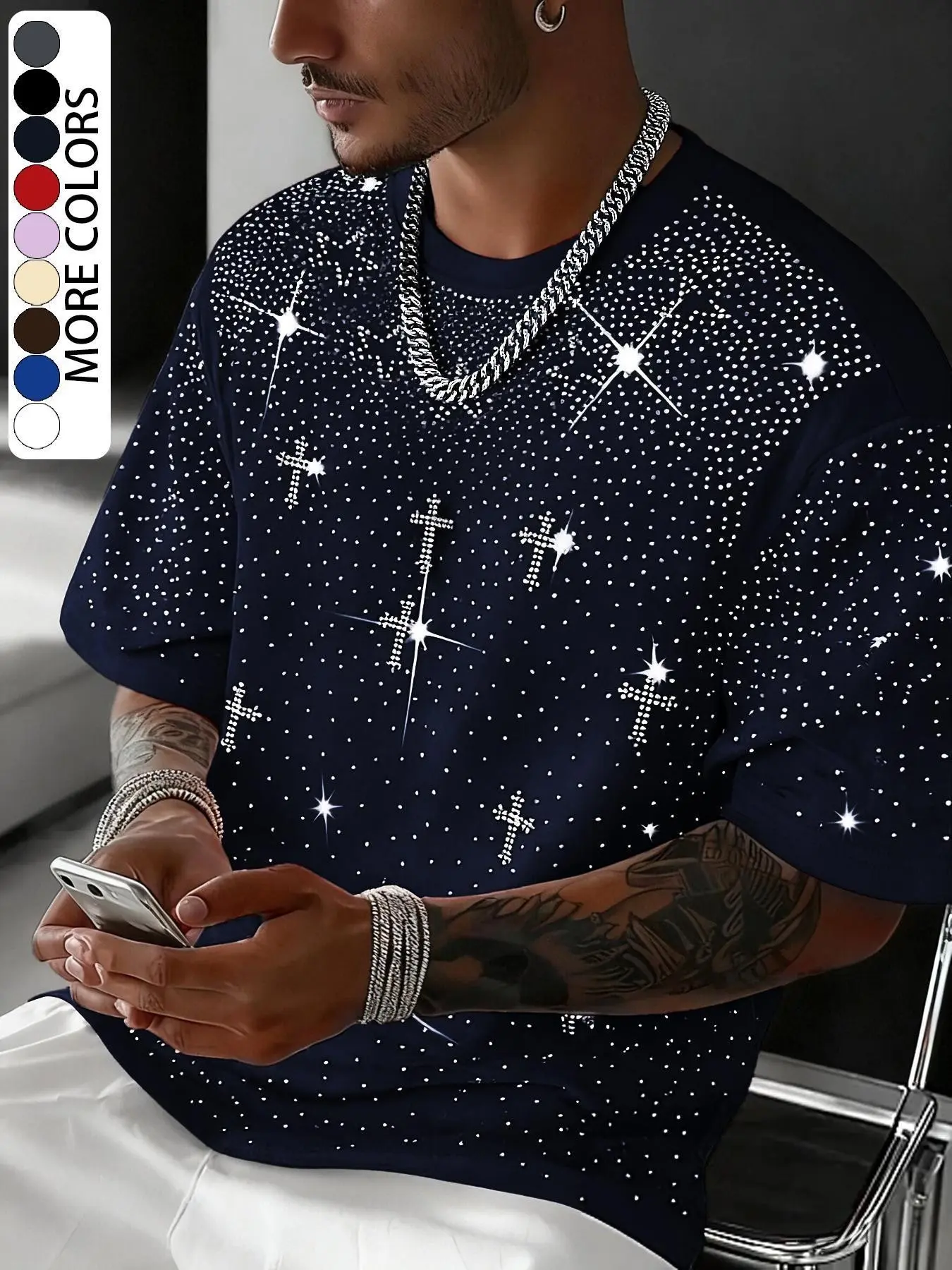 Unisex Rhinestone Cross Graphic Pattern T-Shirt, Man, Urban Style Luxurious Design, Shiny Fashion for Daily Wear & Night Out