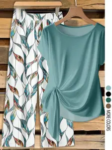 Women's Casual Printed Necktie Shirt and Loose Straight Pants Set, Perfect for Spring and Summer, Comfortable Two-Piece