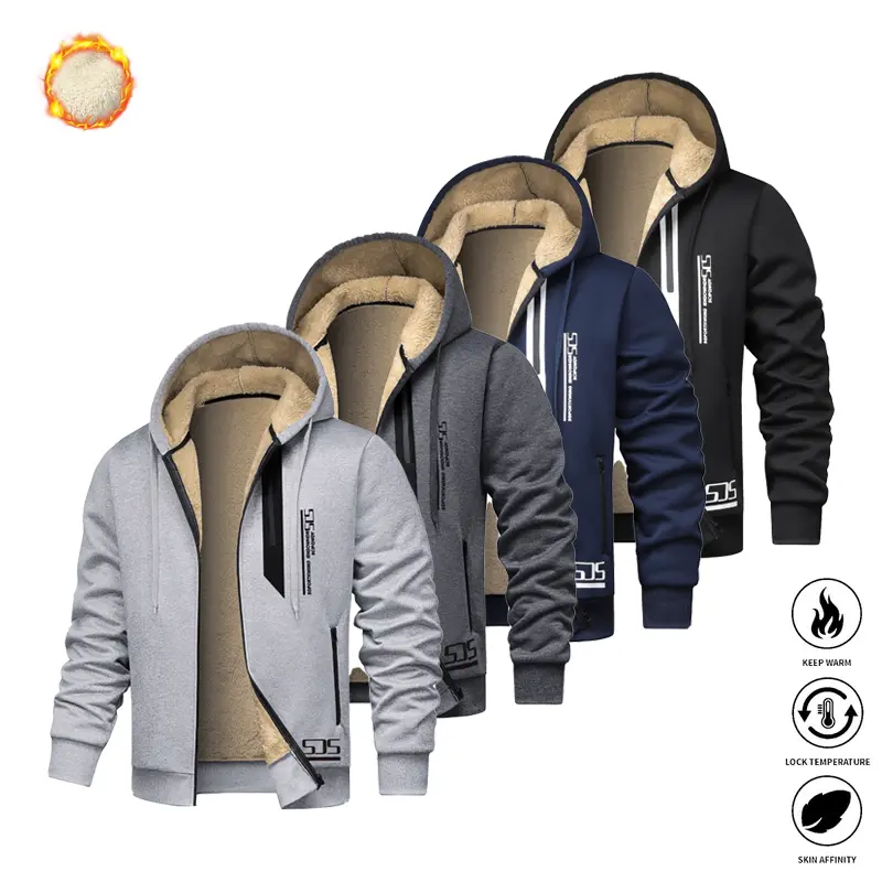 Men’s winter jacket with hood, fleece lining, windproof and waterproof, thickened for outdoor warmth, featuring secure zippered pockets; lightweight outerwear with a geometric textured technical fabric.