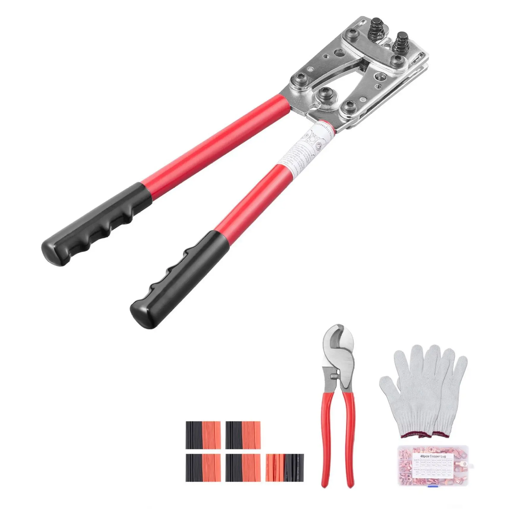 Cable Crimping Tool 10-1/0 AWG, Battery Lug Crimper Kit with Cutter, 48 Ring Terminals, 6 Dies & 100 Heat Shrink - Heavy Duty Wire Connector Pliers 10-1/0AWG (6-50mm²) + Accessory Cable Cutter