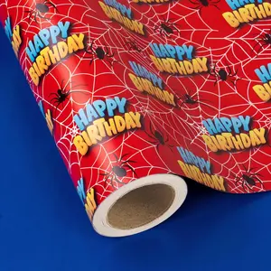 Reversible Spider Birthday Wrapping Paper Roll Mini Roll 17 Inch x 16.5 Feet Happy Birthday Spider Wrapping Paper With Solid Blue Design For Boy Kids Man