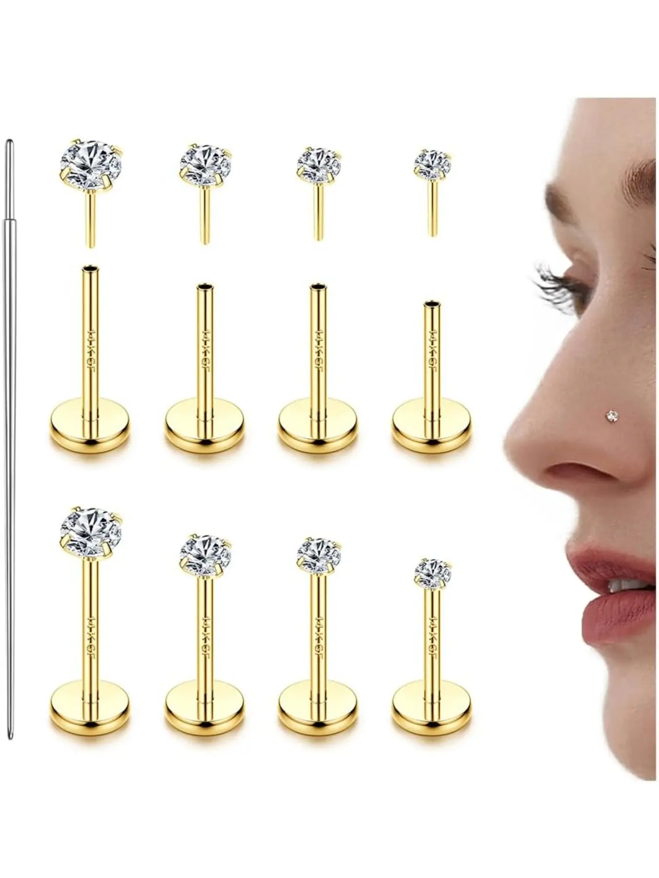 14K Gold Plated Threadless Nose Studs CZ Nose Rings for Women Men 316L Steel Labret Studs Lip Rings Push in Flat Back Stud Earrings CZ Nose Nostril Tragus Helix Piercing Jewelry Body Piercing Jewelry Body Jewellery Hypoallergenic 20G 18G 16G