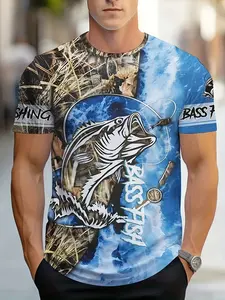 Men's Fashion Casual Fishing 3D Round Neck T-Shirt Short Sleeve, Loose-Fitting H-Type Street Style, Long Clothing