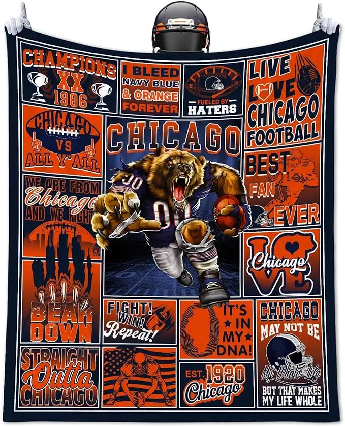 Chicago Flannel Blanket, Navy Orange Football Fan Throw Blanket, Windy City Sports Blanket, Soft Cozy Throw for Sofa Couch Bed, Game Day Home Decor, Vintage Football Lover Gift for Men Women, Warm Flannel Blanket, Chicago Fan Gift