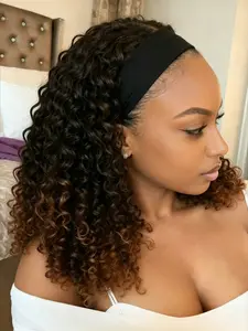 Women Kinky Curly Headband Wig 14 Inch, Natural Black Glueless Synthetic Half Wig, Fluffy Voluminous Curly Hair Wig Casual Daily Hair Extension Wig
