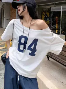 Women's "84" Number Print Asymmetrical Neck Tee, Casual Fashionable Top, Drop Shoulder Half Sleeve T-shirt for Summer, Ladies Clothes for Daily Wear, Womenswear