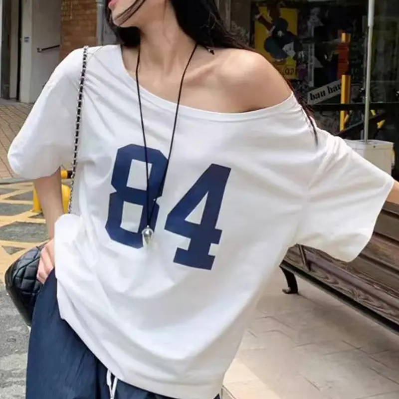 Women's "84" Number Print Casual Printed Asymmetrical Neck Tee, Casual Fashionable Top, Drop Shoulder Half Sleeve T-shirt for Summer, Ladies Clothes for Daily Wear, Casual T Shirts, Drop Shoulder Tees, Womenswear