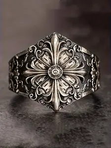 Iris Flower Cross Pattern Vintage Embossed Ring, Unique Punk Baroque Style, Adjustable Open Ring, Unisex, for Teenager Men's Retro Ornate Statement Jewelry, Unique Rings