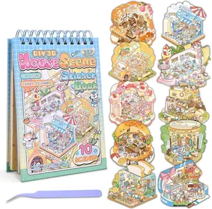 Easter Gift 10 Sets DIY 3D House Stickers, Scene Miniature Sticker Book, Cute Cartoon Scenes for Women Girls Teen Kids, Make Your Own Sticker, Fun Room BookRelief Stress Pass The Time